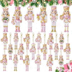 Cunno 18 Pcs Christmas Nutcracker Diamond Art Ornaments 5d DIY Painting Keychains Kits Gifts Full Drill Hanging Pendant Charms with Tool for Adult Holiday Party Decoration(French, Pink White Gold)