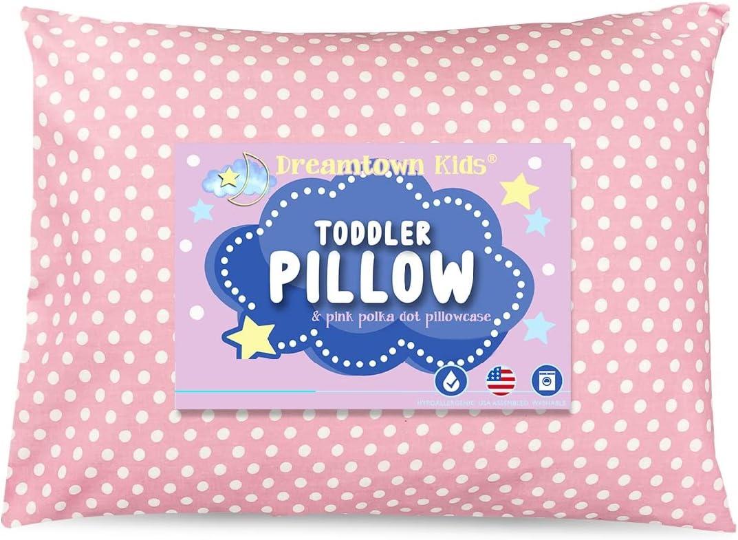 Toddler Pillow & Pillowcase, Hypoallergenic, Made in USA, Soft & Breathable, Ideal for Naps, Bed, Daycare and Travel, for Boys and Girls Ages 2+, Pink Polka Dot