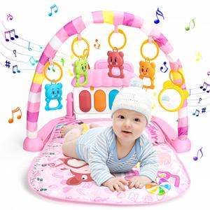 Baby Play Mat for Babies 0-6 Months,Piano Tummy Time Activity Mat with Music,Play Mat for Babies with 5 Linkable Toys Pink-21