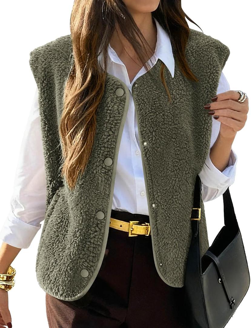 KIRUNDO Women's Fall Winter Fleece Vest 2025 Trendy Sleeveless Sherpa Jacket Button Down Open Front Fuzzy Warm Outerwear (Green, S)