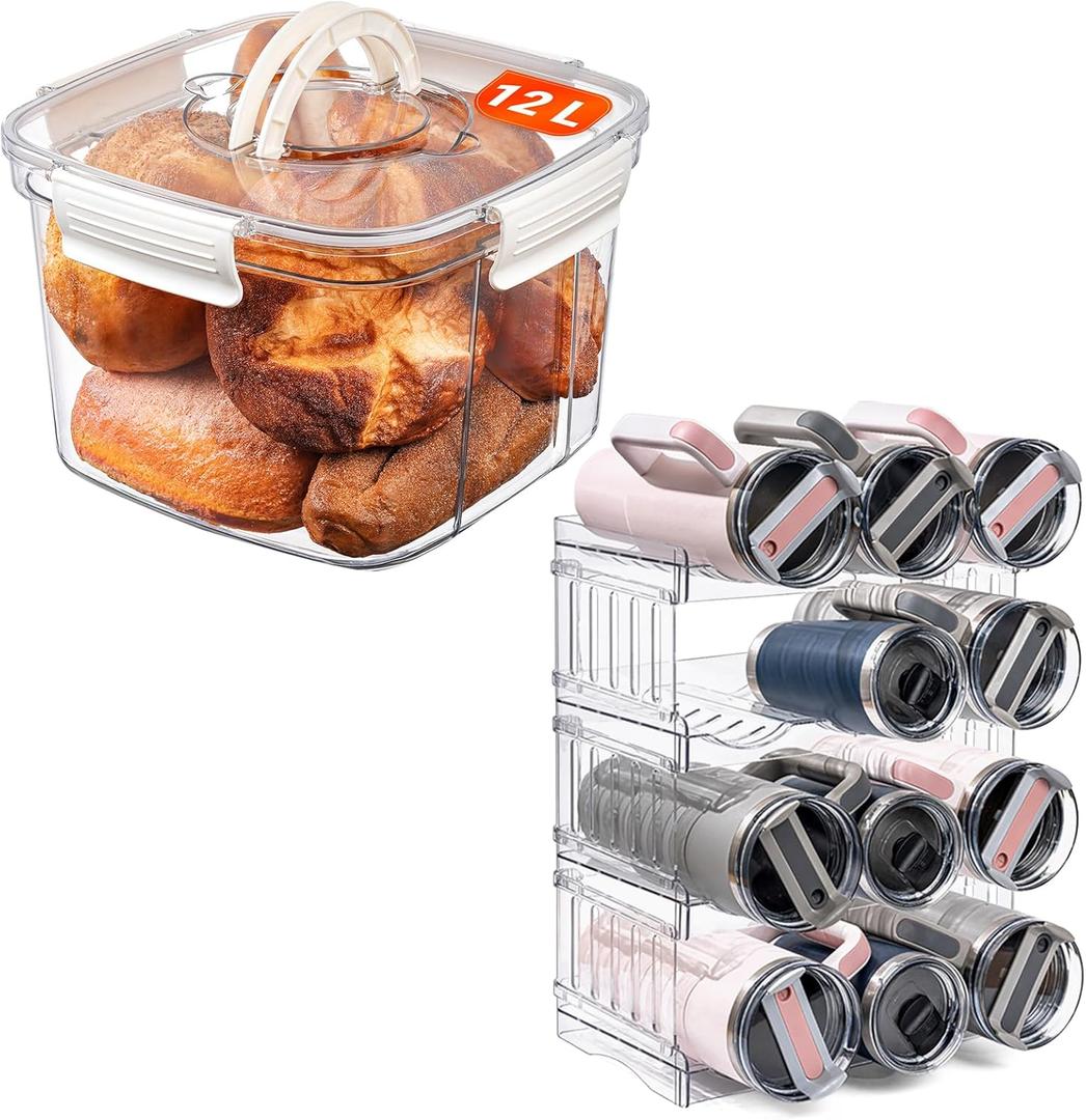 Water Bottle Organizer for Stanley 40 oz Tumbler with Handle and Bread Box for Kitchen Countertop, Large Airtight Food Storage Containers with Lids