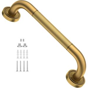 12 Inch Anti Slip Bronze Shower Grab Bar Polished Gold,ZUEXT Antique Brass Bathroom Grab Bar, Knurled Bathroom Balance Bar,Safety Hand Rail Support,Handicap Elderly Injury Senior Assist Bath Handle