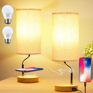 Set of 2 Smart Bedside Table Lamp with Wireless Charger & USB Port - Touch Control LED Desk Lamp for Bedroom, Dimmable Wooden Nightstand Lamp with Fabric Shade for Living Room, Kid's Room, (Cream)