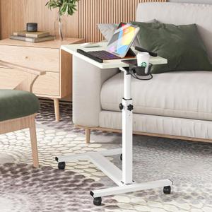 Panta Height Adjustable Rolling Laptop Stand, Overbed Table with 2 Tilting Desktops, Mobile Laptop Table for Couch with Cup Holder, Mobile Computer Workstation for Office, Home and Hospital,Maple