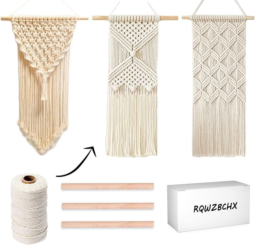 RQWZBCHX DIY Macrame Wall Hanging Kits, 3 Patterns Macrame DIY Wall Hangers for Beginners, Home Decor with 200 Meters Macrame Cord, 3 PCS Wooden Dowels and Instruction Booklet for Macrame Starters