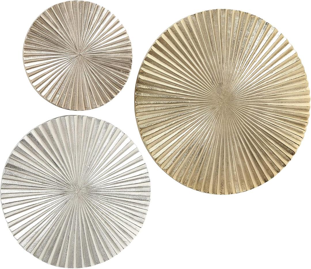 MODERNIST HOME Burst Metallic Wall Art, Set of 3, Artisan Crafted, Silver, Pale and Dark Gold, Crinkle Hand Cast, Polished Aluminum, Abstract Geometric Decor, 18, 14, and 10 Inches