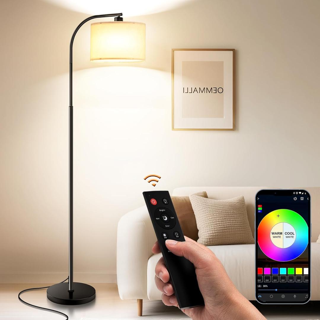 Floor Lamp for Living Room with Remote,Dimmable Tall Standing Lamps,Modern Floor Light with Smart RGB Bulb,App Control,3 Color Temperatures,Fabric Shades,Gold Floor Lamp for Bedroom Office Corner