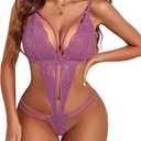 Avidlove Women One Piece Lingerie Deep V Lace Bodysuit Babydoll Teddy Underwear (Small, Purple Red)