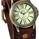 JewelryWe Vintage Wrist Watch Wide Leather Strap Band Cuff Quartz Watches for Men Women Halloween Costumes for Christmas (roman numerals brown)