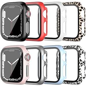 anotch 8 Pack Case for Apple Watch Series 7 45MM with Screen Protector, Hard PC Bumper and Ultra Thin Tempered Glass 2 in 1 Face Cover Anti Scratch Replacement Accessories for iwatch Series 7 45 mm