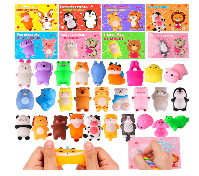 NAWITDA 28 Pack Valentines Day Cards for Kids Classroom, Kawaii Mochi Squishies Fidget Toys with Valentines Cards, Classroom Gift Exchange, School Party Favors for Boys Girls