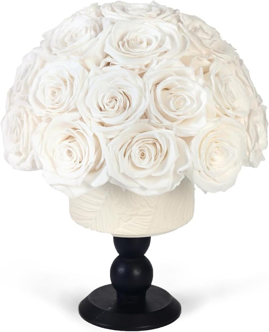 Luxury Preserved Flowers Blooms with Ceramic Base, Mushroom Shape Forever Eternal Natural Rose Gift Box for Home Table Decoration, Girlfriend Wife Family Valentines Mothers Day Birthday (White)