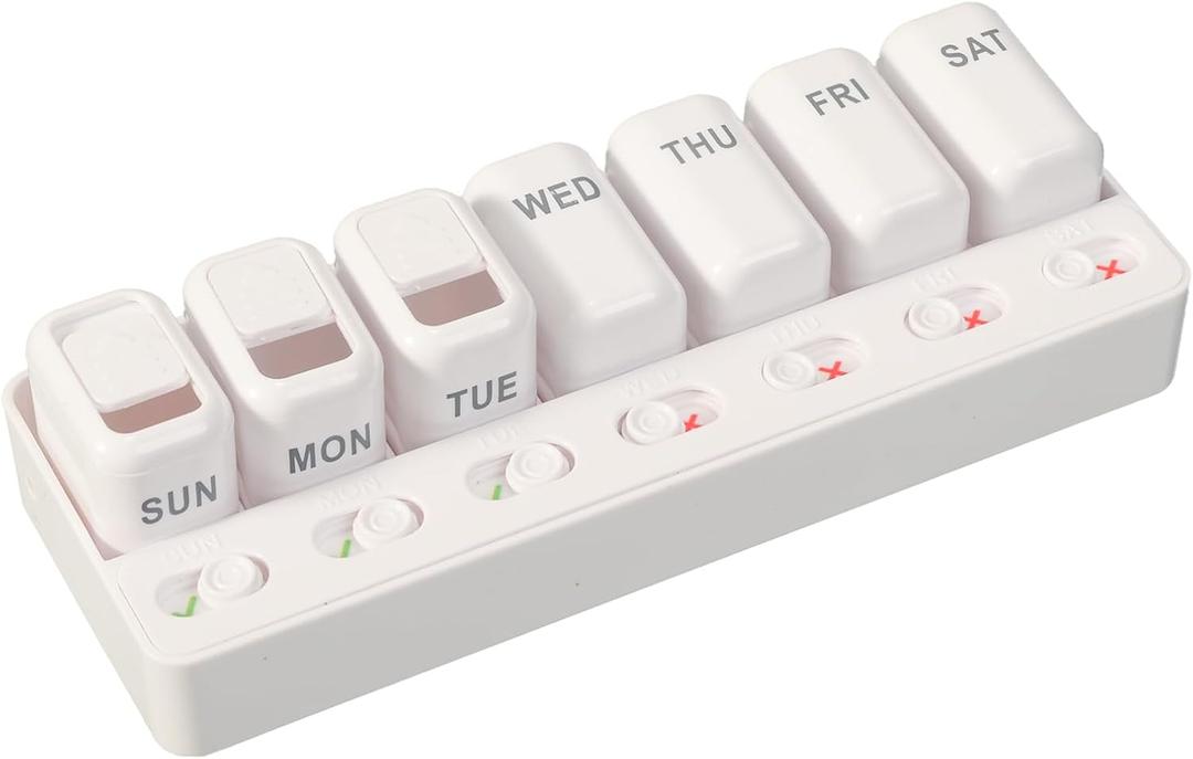 Weekly Pill Organizer with Taken/Untaken Tracker – Never Forget or Double-Dose Your Medication, Large Daily Compartments for Vitamins & Supplements, Vitamin, White