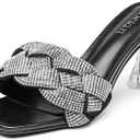 Women's Rhinestone Braided Heels Sandals Open Square Toe Stilettos Heels Clear Lucite Heeled Mules Slip On Sexy Dress Wedding High Heel Slippers (7, Black)