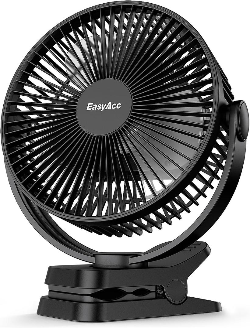 EasyAcc 10000mAh Clip on Fan Rechargeable, 8 inch Golf Cart Fan, Very Quiet, 37H Working Time, Strong Airflow, Digital Display, 5 Speeds, Battery Operated Desk Fan for Dorm Camping Travel