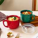 2 x Ceramic Soup Bowl with Handle 32oz Microwave Ramen Bowl with Lid, Soup Mugs & Cups for Cereal, Oatmeal, Ramen, Instant Noodle, Soup Container with Lid - Set of 2 (Red)