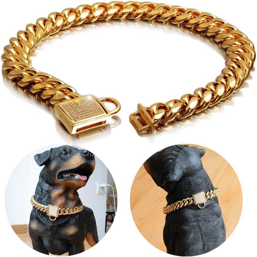 Gold Cuban Chain Dog Collar Solid Stainless Steel Link Chain Thick Pet Collar Cool Zirconia Lock Small Medium Large Dogs Collar (12Inch for 9.6-11.5" Dog Neck)