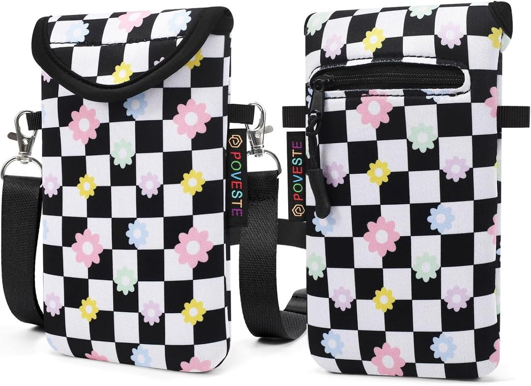 Neoprene Cell Phone Sleeve Pouch Case Bag with Crossbody Strap Lanyard for Women, Flap Closure Secure Cell Phone Bag with Pocket for Cards, Cash. (Checkerboard&Daisy)
