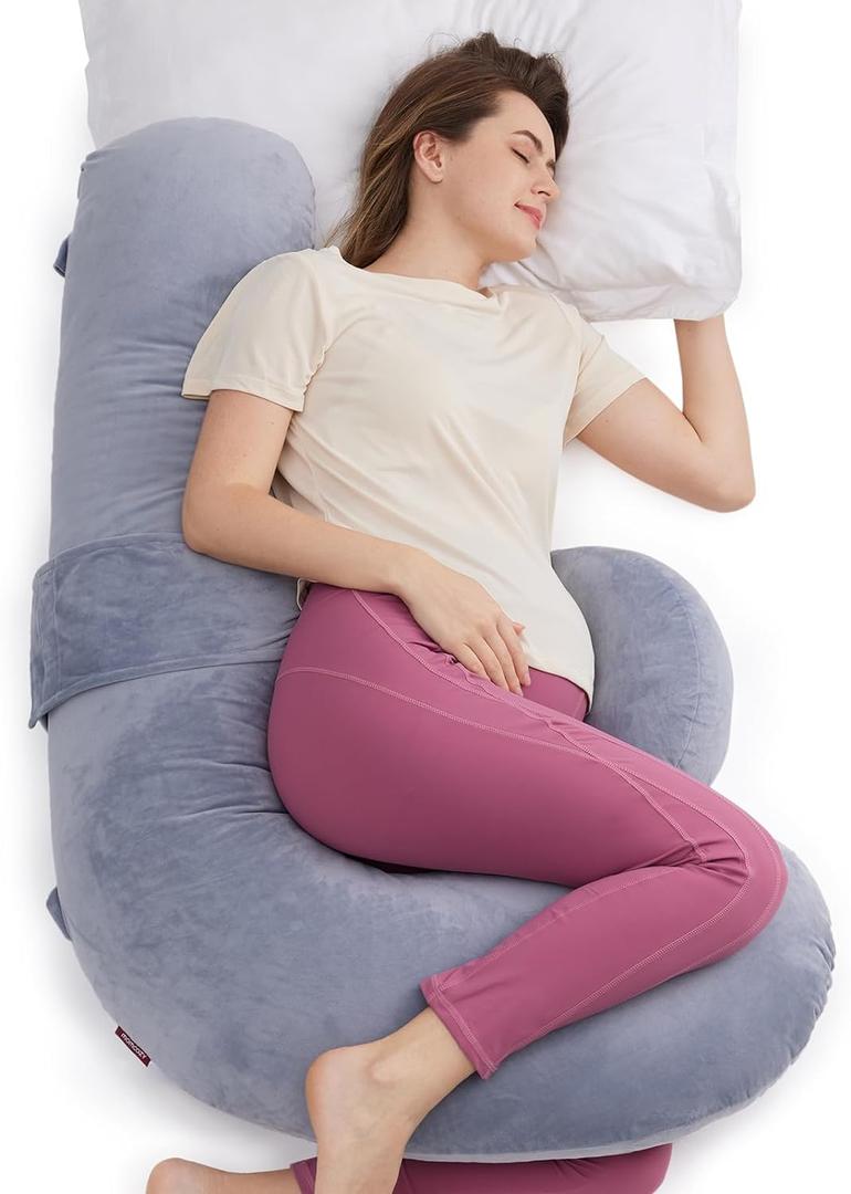 Momcozy Pregnancy Pillow, Original F Shaped Maternity Pillow for Pregnant Women with Adjustable Wedge Pillow, Full Body Support Pregnancy Pillows for Side Sleeping with Velvet Cover, Grey, 53 Inch