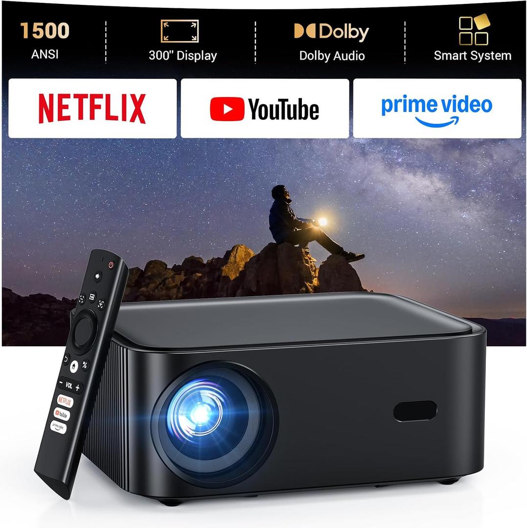 1500 ANSI lumens built-in streaming app full HD smart projector, HAPPRUN 4K projector, supports Wi-Fi and Bluetooth, Dolby audio, 300-inch large screen, suitable for home, outdoor, and indoor viewing