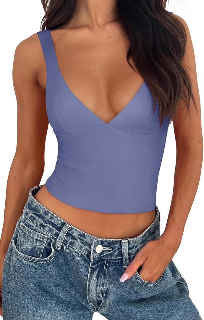 REORIA Women's Summer Sexy Casual Deep V Neck Sleeveless Slim Fit Cropped Corset Cami Fashion Trendy Y2k Going Out Crop Tank Tops Blue Nova Small (S)