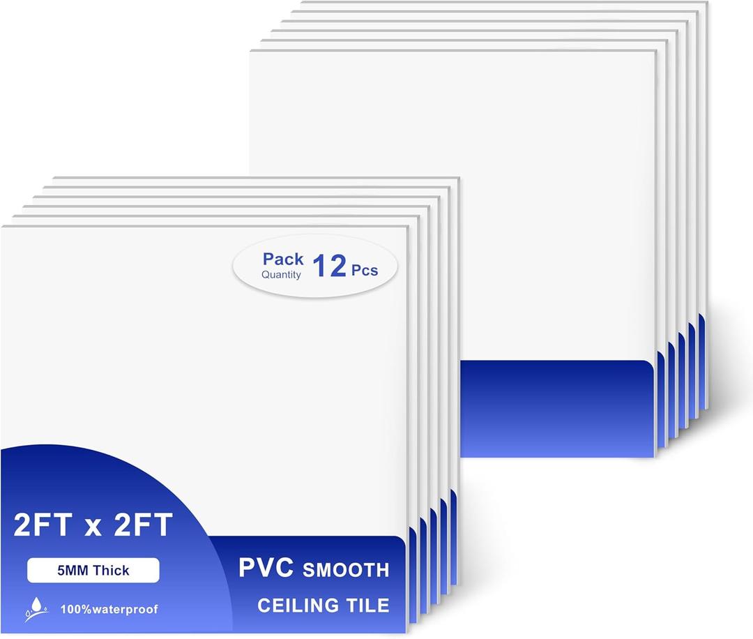 Smooth Drop Ceiling Tiles 2ft x 2ft - Waterproof, Fire-Rated, Easy Drop-in Installation - Premium PVC to Prevent Breakage - Ceiling Tiles 24" x 24", 12-Pack Cover 48 Sq. Ft, White