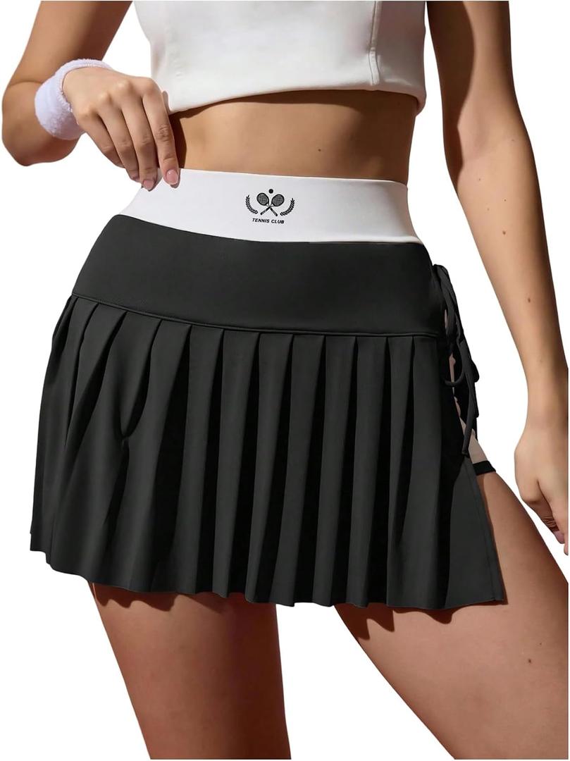 SOLY HUX Women's Pleated Tennis Skirt with Shorts High Waisted Tie Side Workout Athletic Golf Mini Skirt (Black, L)