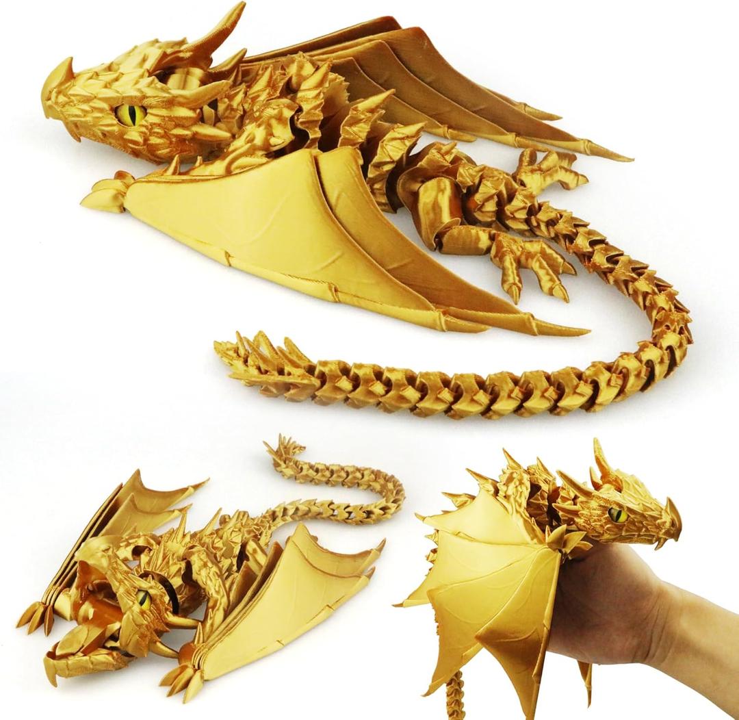 3D Printed Dragon with Wings, Fidget Dragon Toys, 3D Printed Animals, Flexible Articulated Winged Crystal Dragon Model,Home Office Decor Desktop Pet(Silk Gold)