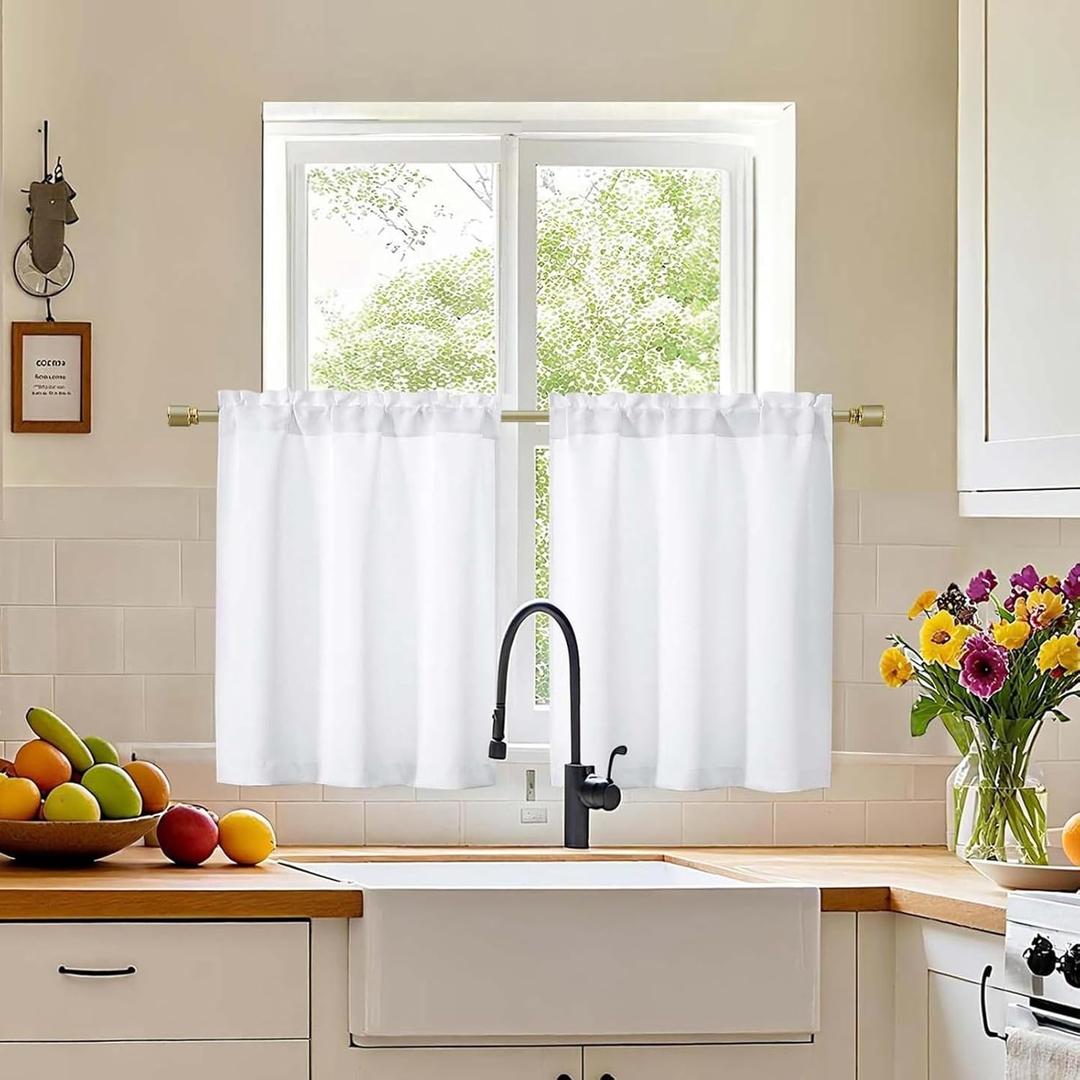 Simplebrand Pure White Light Filtering Curtains 30 inch Length 2 Panels for Kitchen, Room Darkening Tiers Drapes with Rod Pocket, Thermal Insulating Small Curtain for Bathroom, Each 30" Wx30 L Inches