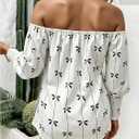 SOLY HUX Women's Bow Print Off The Shoulder Tops Tie Front Lantern Long Sleeve Blouse Shirt (S)