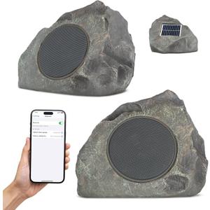 Homewell Outdoor Rock Speaker Solar-Powered Wireless Bluetooth 5.0 Portable Speaker Weatherproof for Patio, Pool, Deck, Yard, Garden and Home (Dark Grey, 2-Pack)