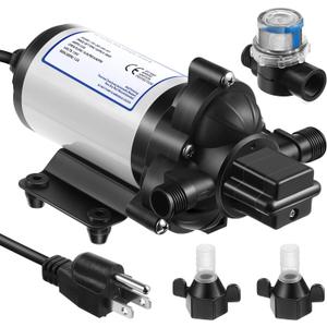 Water Pressure Diaphragm Pump Industrial 115V 4 GPM 45 PSI, Self Priming Water Booster Pump with Power Plug, Fittings Strainer Filter for Kitchen Bathroom RV Marine Caravan, Food Truck, Hose(Black)
