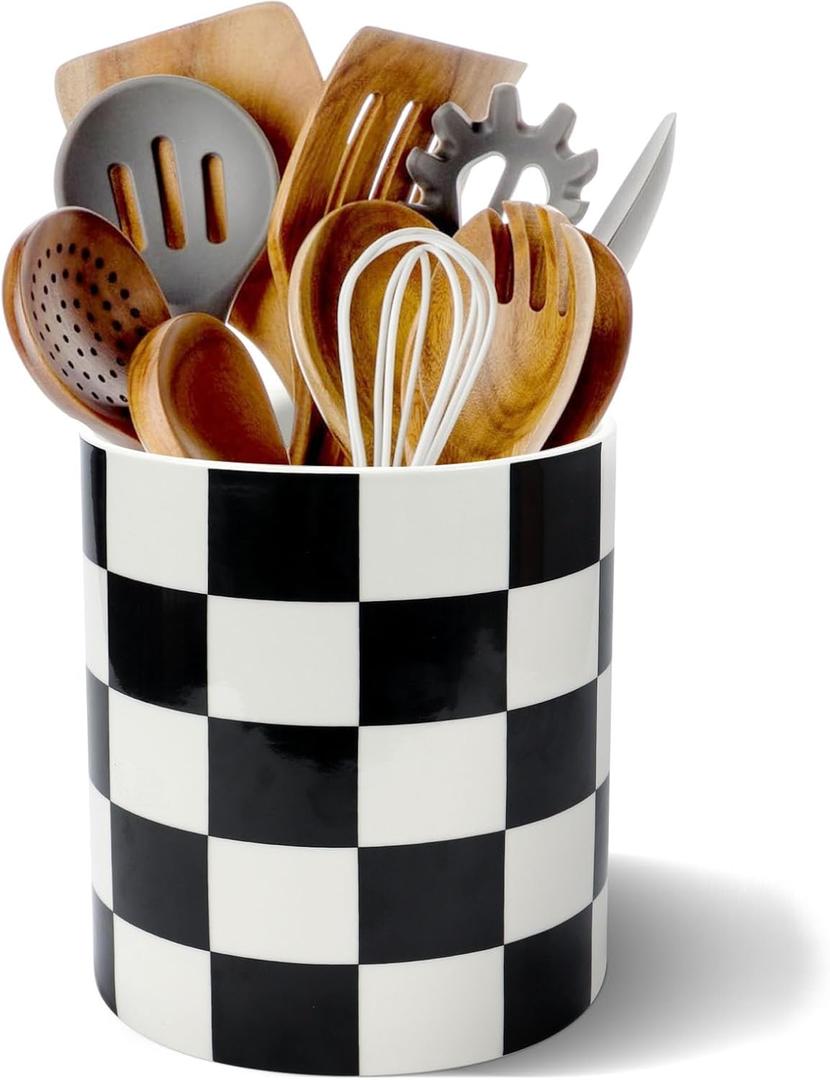 Utensil Holder for Kitchen Counter 6.7" Ceramic Utensil Holder Deep and Stable ,Kitchen Utensil Organizer, Modern Checkered Utensil Holder for Decor