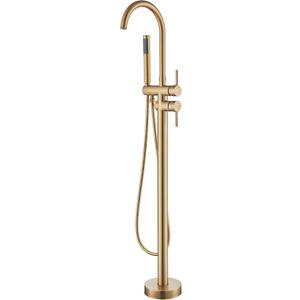 Free Standing Tub Faucet, Qinkell Classic Elegant Gooseneck Freestanding Bathtub Faucet with Sprayer Brass Luxury Floor Mount Bath Faucets High Flow Roman Tub Filler, Brushed Gold (QC-202511BG) (202511-Brushed Gold)