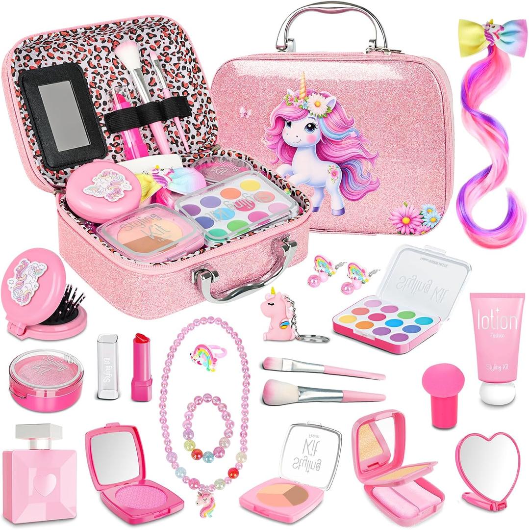 Pretend Makeup for Toddlers, Kids Pretend Play Makeup Set for Little Girls, Fake Toy Makeup Set with Purple Cosmetic Case & Jewelry Set, Birthday for Kids Girls 3 4 5 6 7 8+