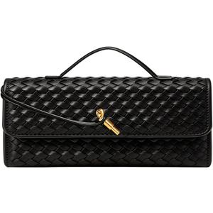 JYG Woven Handbag for Women Fashion Evening Shoulder Bag PU Leather Handmade Clutch Purse Casual Crossbody Bags 2024 (Dark Black)