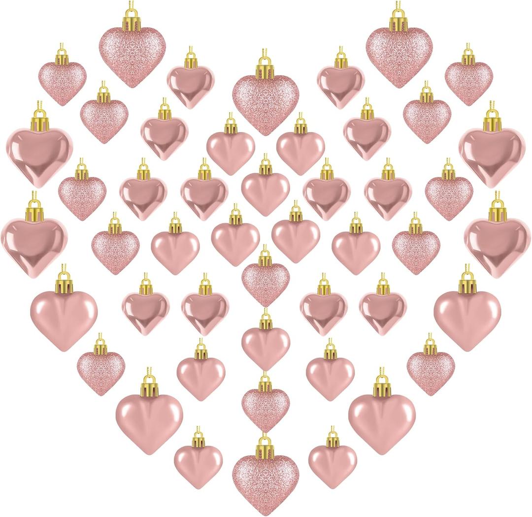 48PCS Valentines Day Heart Ornaments, Rosegold Shaped Ornaments, 2 Sizes Hanging Decorations, Glossy Baubles for Valentine's Day Wedding Anniversary Party Decor