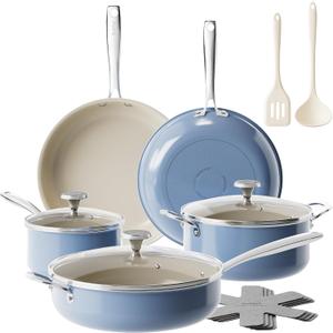 Redchef Ceramic Nonstick Cookware Set,11pcs Pots and Pans Set Non Stick,Induction Cookware with Stainless Steel Handle,Non Toxic Kitchen Cooking Set,Dishwasher & Oven Safe,PFAS PFOA & PTFE FreeBlue