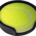 Tennis Ball Coasters for Drinks with Holder Round Leather Coasters Set of 6 Cups Mugs Mat Pad for Home Kitchen Bar