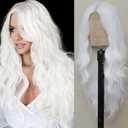 White Wig for Women, Long White Wavy Wig Middle Part 26 Inch Heat Resistant Synthetic Wigs for Daily Party Use