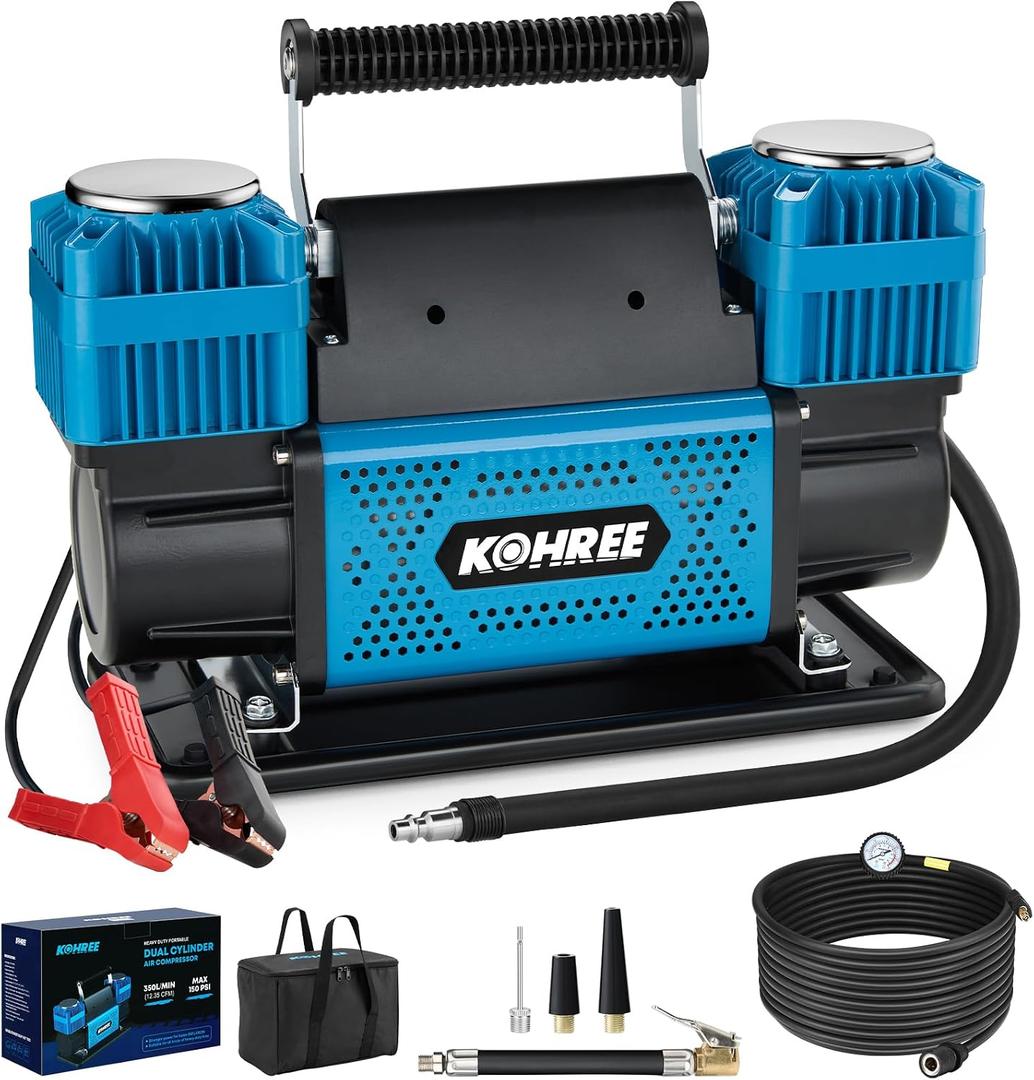 Kohree 12V Dual Cylinder Air Compressor, 12.35 ft/Min Fast Tire Inflator, Portable Heavy Duty Tire Pump with Max 150 PSI for Offroad Truck, RV, 4x4 Vehicles