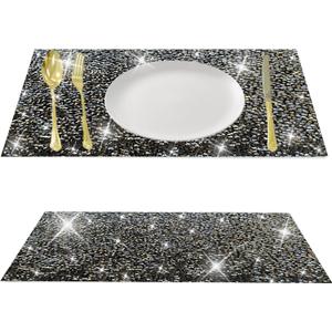 Black Square Placemats - Heat Resistant Mat Set of 2 with Rhinestone Decor and Sparkly Bling