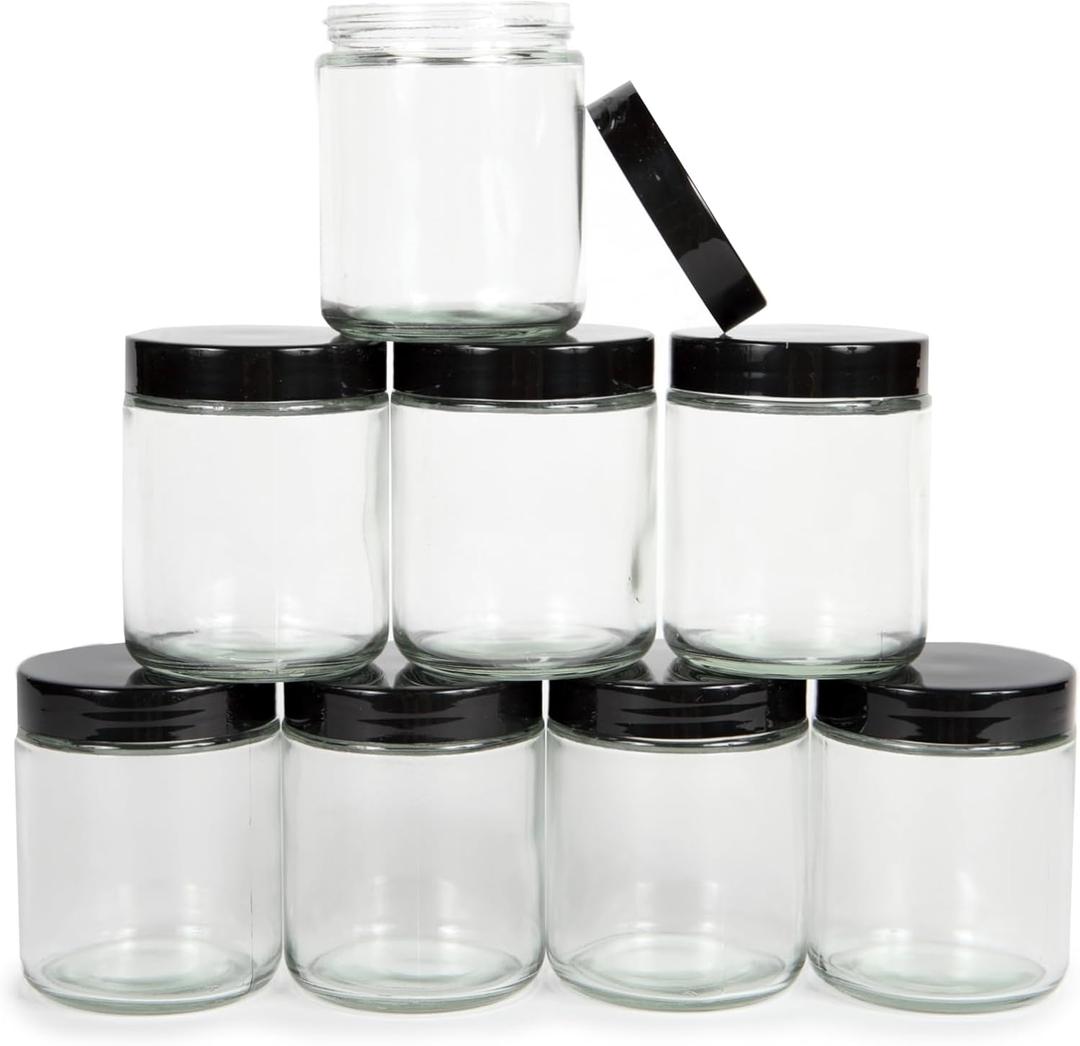 Vivaplex, Clear, 8 ounce, Round Glass Jars, with Black Lids - 8 pack