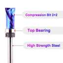 Template Top Bearing Compression Flush Trim Router Bit 1/4" Shank 1/2" Cutting Diameter 1" Cut Height Pattern and Mortising Flush Cut Trim Bit for Woodworking Trimming
