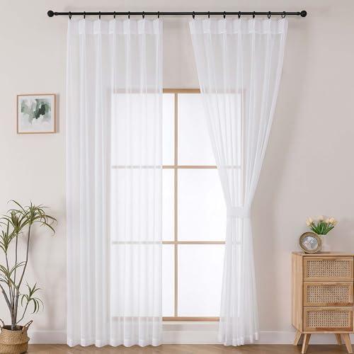 OWENIE White Pinch Pleated Sheer Curtains 84 Inches Long 2 Panels Set for Bedroom Living Room, Soft Airy Light Filtering Sheer Privacy Curtains Drapes, White, 2Pcs, Each 40x84 Inch
