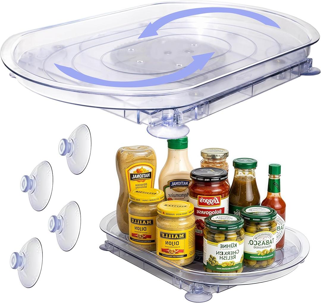 Rectangular Lazy Susan 16.5"x11" for Refrigerator Shelf - 180 Spinning Turntable Organizer with Suction Cups, Fits Fridge, Cabinet, Pantry & Countertop
