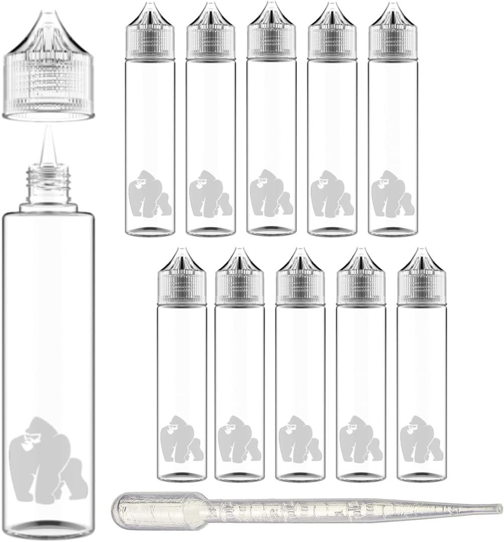Chubby Gorilla LDPE PET Plastic Unicorn Squeeze Bottle 60ml (10 Pack) Dropper bottle (Transparent White Clear) REUSABLE, Child Resistant Cap, Easy Drip Tip Applicator Dropper Bottles