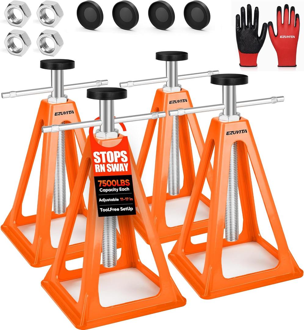 4-Pack RV Stabilizer Jacks Each Supports Up to 7500 Lbs, Adjustable 11"17", Heavy Duty Aluminum with Spare Nuts, Rubber Pads & Gloves for Travel Trailer Camper, Motorhome