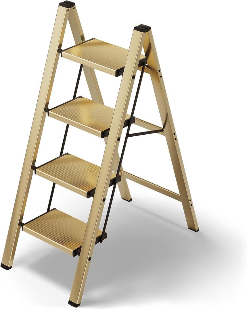 HillhutApex 4 Step Stool, Aluminum Foldable Step Ladder, Lightweight Stable Stool with Wide Non-Slip Pedals, 330lbs Bearing Capacity Ladder for Office, Home, Kitchen - Gold