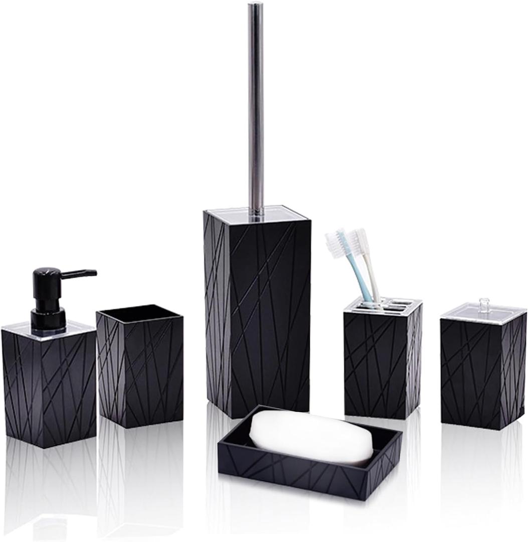 Bathroom Accessory-6Pcs Black Bathroom Accessories Set Includes Soap Dispenser, Toothbrush Holder and Cup, Soap Dish, Toilet Brush and Holder, Qtip Holder